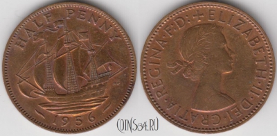Великобритания 1/2 пенни 1956 года, KM# 896, 135-120