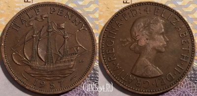 Великобритания 1/2 пенни 1957 год, KM# 896, 195-038