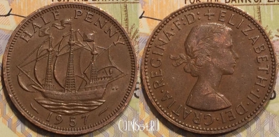 Великобритания 1/2 пенни 1957 года, KM# 896, 128-033