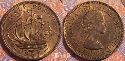 Великобритания 1/2 пенни 1957 года, KM# 896, a130-070