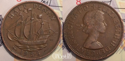 Великобритания 1/2 пенни 1958 года, KM 896, 121-028