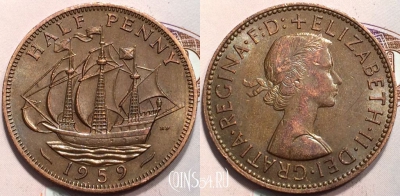 Великобритания 1/2 пенни 1959 года, KM# 896, 133-071
