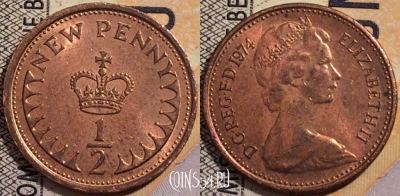 Великобритания 1/2 пенни 1974 года, KM# 914, aUNC