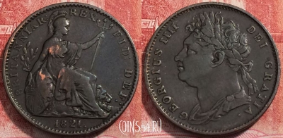 Великобритания 1 фартинг 1821 года, KM# 677, 250-027