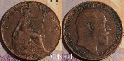 Великобритания 1 фартинг 1909 года, KM# 792, 182a-093