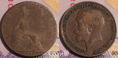 Великобритания 1 фартинг 1913 года, KM# 808, 185a-113