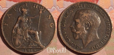 Великобритания 1 фартинг 1916 года, KM# 808, 198a-030