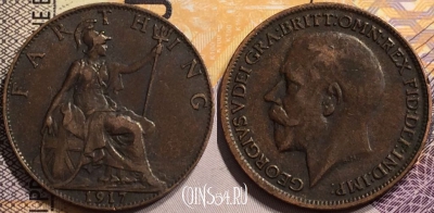 Великобритания 1 фартинг 1917 года, KM# 808, 138-133