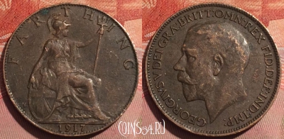 Великобритания 1 фартинг 1917 года, KM# 808, 249a-054