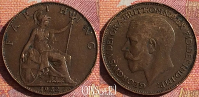 Великобритания 1 фартинг 1922 года, KM# 808, 348-061