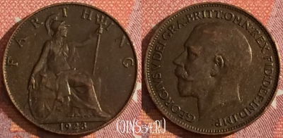 Великобритания 1 фартинг 1923 года, KM# 808, 044h-173