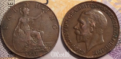 Великобритания 1 фартинг 1931 года, KM# 825, 146-036