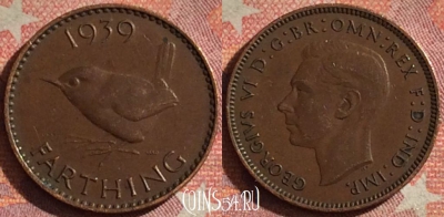 Великобритания 1 фартинг 1939 года, KM# 843, 078i-091