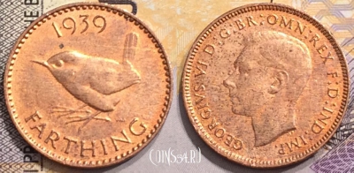 Великобритания 1 фартинг 1939 года, KM# 843, 145-078