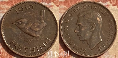 Великобритания 1 фартинг 1939 года, KM# 843, 488р-024