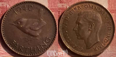 Великобритания 1 фартинг 1940 года, KM# 843, 103m-128