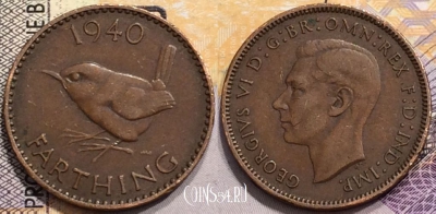 Великобритания 1 фартинг 1940 года, KM# 843, 145-077