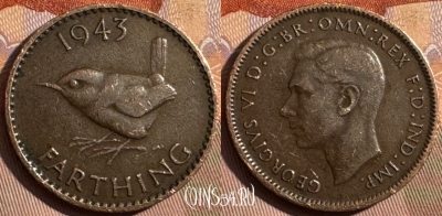 Великобритания 1 фартинг 1943 года, KM# 843, 378s-139