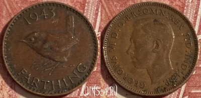 Великобритания 1 фартинг 1943 года, KM# 843, 473r-096
