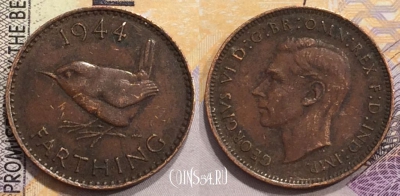 Великобритания 1 фартинг 1944 года, KM# 843, 154-016