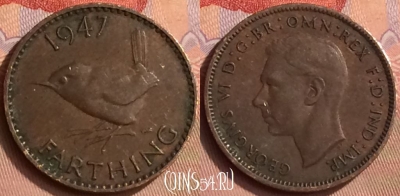 Великобритания 1 фартинг 1947 года, KM# 843, 412-062