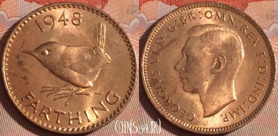 Великобритания 1 фартинг 1948 года, KM# 843, 126b-027