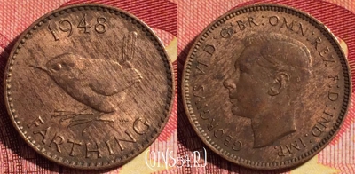 Великобритания 1 фартинг 1948 года, KM# 843, 262i-008