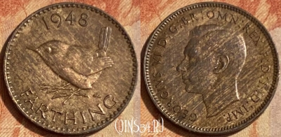 Великобритания 1 фартинг 1948 года, KM# 843, 462q-654
