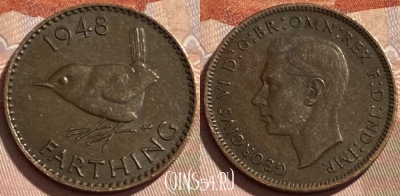 Великобритания 1 фартинг 1948 года, KM# 843, 496р-080