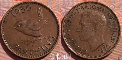 Великобритания 1 фартинг 1950 года, KM# 867, 111b-080