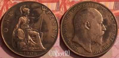 Великобритания 1 пенни 1906 года, KM# 794, 221o-044