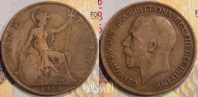 Великобритания 1 пенни 1914 года, KM# 810, 132-022
