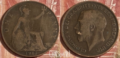 Великобритания 1 пенни 1917 года, KM# 810, 340r-080