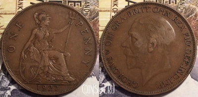 Великобритания 1 пенни 1927 года, KM# 826, 239-143 ♛