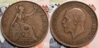 Великобритания 1 пенни 1935 года, KM# 838, 132-028