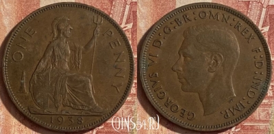 Великобритания 1 пенни 1938 года, KM# 845, 080q-081 ♛