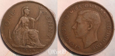 Великобритания 1 пенни 1938 года, KM# 845, a109-021