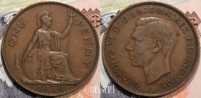 Великобритания 1 пенни 1939 года, KM# 845, 128-013