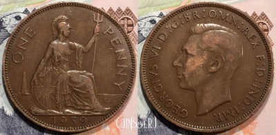 Великобритания 1 пенни 1939 года, KM# 845, 128-021