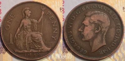 Великобритания 1 пенни 1939 года, KM# 845, 132-014