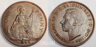 Великобритания 1 пенни 1945 года, KM# 845, a080-065