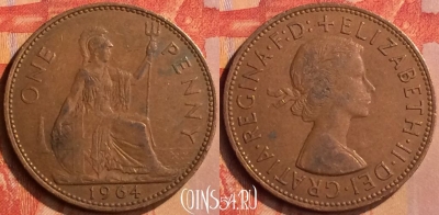 Великобритания 1 пенни 1964 года, KM# 897, 117n-006