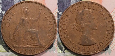 Великобритания 1 пенни 1964 года, KM# 897, 128-017
