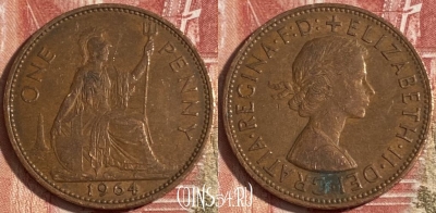 Великобритания 1 пенни 1964 года, KM# 897, 206r-120