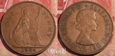 Великобритания 1 пенни 1964 года, KM# 897, 218-050