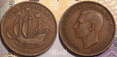 Великобритания 1/2 пенни 1941 года, KM# 844, 146-030
