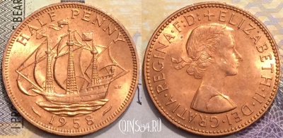 Великобритания 1/2 пенни 1958 года, KM# 896, a094-082