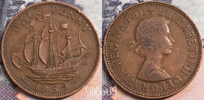 Великобритания 1/2 пенни 1959 года, KM# 896, a082-039