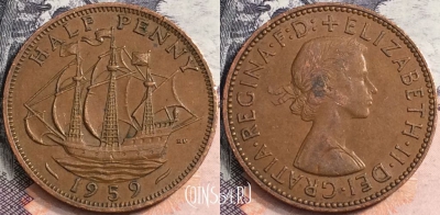 Великобритания 1/2 пенни 1959 года, KM# 896, a107-092