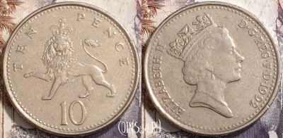 Великобритания 10 пенсов 1992 года, KM# 938b, 133-083